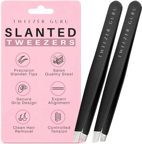 Tweezer Guru Pinzas para el vello facial de mujeres y hombres – Pinzas de precisión para cejas inclinadas para cabello encarnado, eliminación de