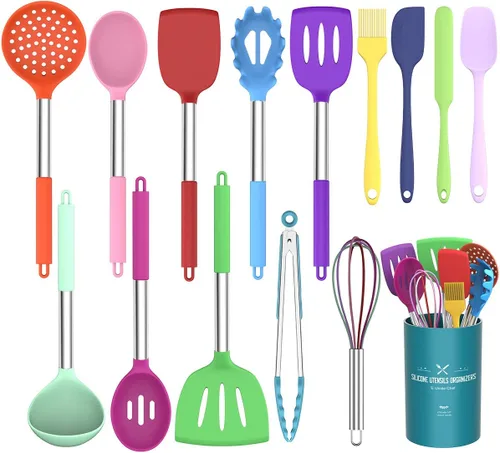 Umite Chef Juego de Utensilios de Cocina, 15 piezas Juego de Utensilios de Cocina de Silicona para Cocinar, Silicona Antiadherente con Mango de