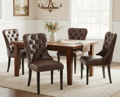Miniatura 8 de EALSON Juego de 2 sillas de comedor modernas de cuero de mediados de siglo con patas de madera, sillas laterales de cocina tapizadas con ribete