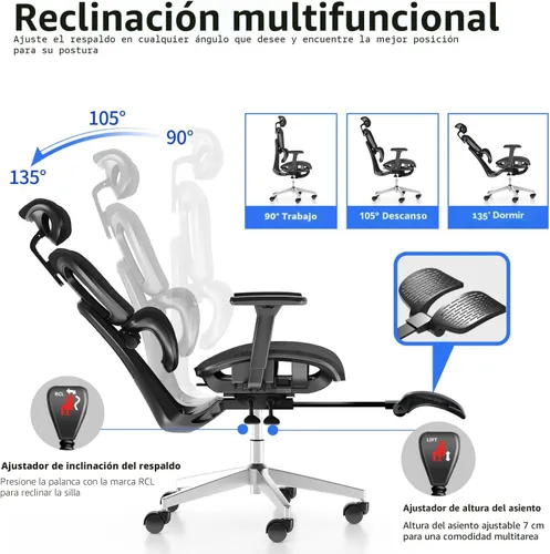 Miniatura 7 de PatioMage Silla de oficina de malla con reposapiés, silla giratoria ergonómica de escritorio de oficina con respaldo reposacabezas ajustable
