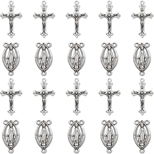 30 piezas/15 juegos de kits de rosario de aleación, medallas con cruz y centro, dijes ovalados, Jesús, María, eslabones católicos, colgantes para