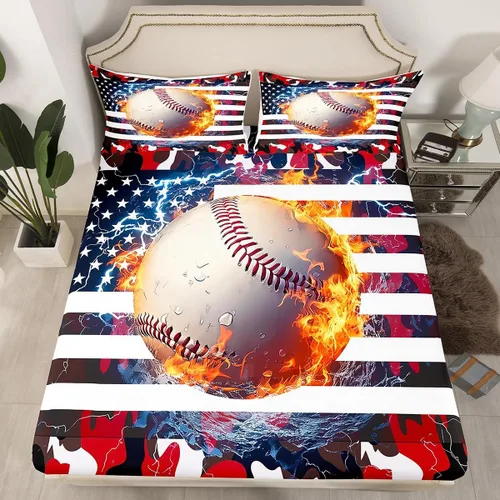 Miniatura 35 de Erosebridal American Flag Fitted Sheet Twin, Hockey Bedding Set United States Sports Games Bed Sheets for Kids Boys Teens Bedroom, Red White