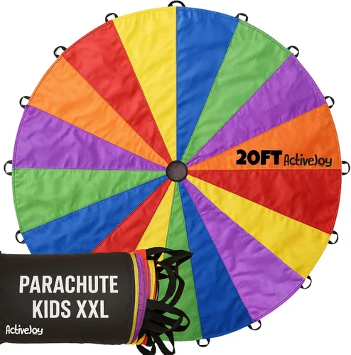 Miniatura 12 de Activejoy - Paracaídas para niños - 8 pies/12 pies/20 pies / 24 pies - Juguete de paracaídas arcoíris con asas - Ideal para clases de gimnasio, día