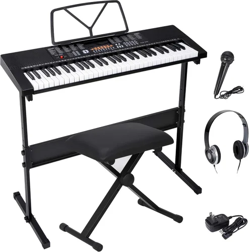Saturnpower - Piano de teclado electrónico portátil de 61 teclas con altavoces incorporados, auriculares, micrófono, fuente de alimentación dual,