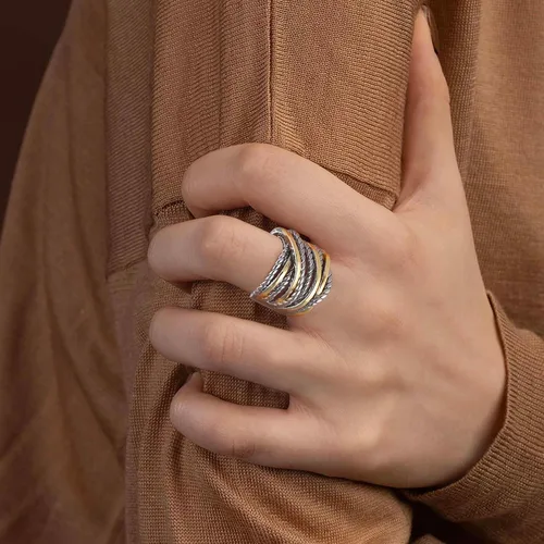 Miniatura 2 de Mytys - Anillos de banda ancha trenzados, anillo de cuerda torcida, anillos de declaración trenzados de dos tonos de metal mixto, joyería de moda