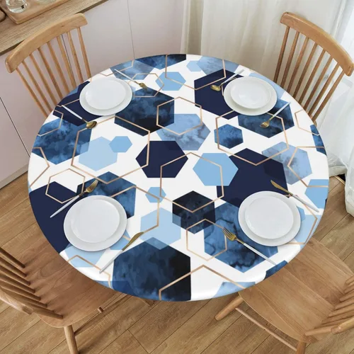Miniatura 2 de Mantel redondo geométrico azul y blanco con bordes elásticos para mesas de hasta 45 a 50 pulgadas de diámetro