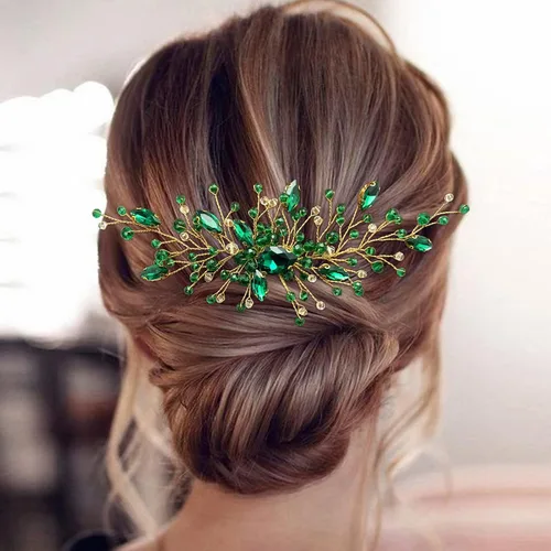Miniatura 2 de Peine de pelo de novia de cristal verde dorado para novia, accesorios para mujeres y niñas, fotografía de fiesta (verde)