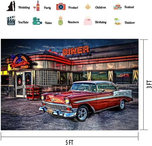 Miniatura 2 de Telón de Fondo de Rock Roll de los 50s para Diner, 1950s Coche Vintage Retro Nostalgia para Fotografía, 1.5x0.9m Telón de Fondo para Fotos
