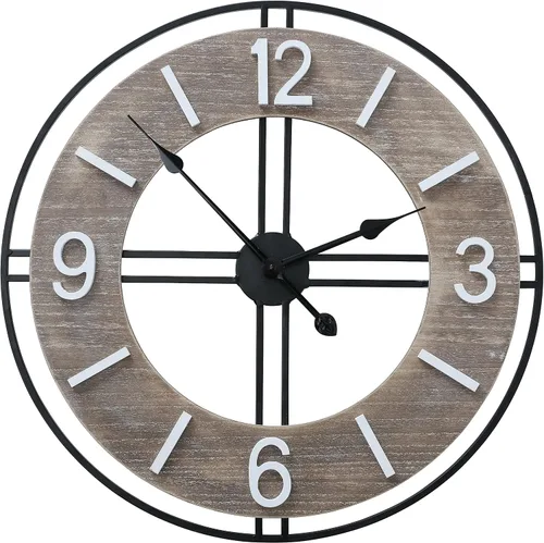 WHW Whole House Worlds Reloj moderno de granja, marco negro, números blancos, acabado envejecido, metal, MDF, movimiento de cuarzo, 23.5 pulgadas