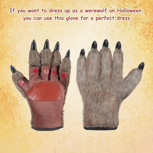 Miniatura 7 de Guantes de Halloween con garras de lobo peludo de animales de la pata de la bestia de las manos de la bestia para los favores de la fiesta