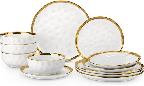 Miniatura 14 de LOVECASA Juego de 12 piezas de platos y cuencos, vajilla de porcelana negra y dorada, platos de cena redondos, juego de vajilla para 4 personas