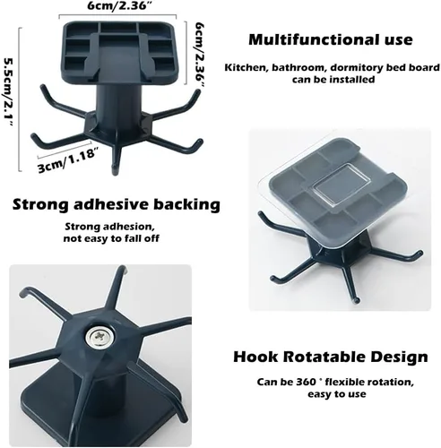 Miniatura 6 de 4 ganchos para utensilios de cocina debajo del gabinete, rotación de 360°, adhesivo sin uñas, estante colgante para utensilios de cocina