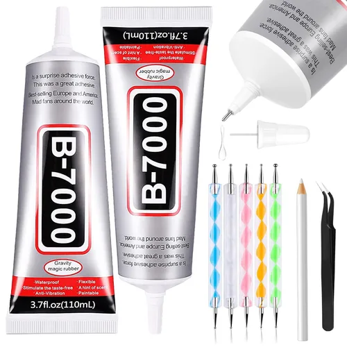B7000 - Pegamento adhesivo de diamantes de imitación para manualidades, 2 unidades de 3.7 fl oz con 5 bolígrafos de punteo, lápiz de cera y pinzas,