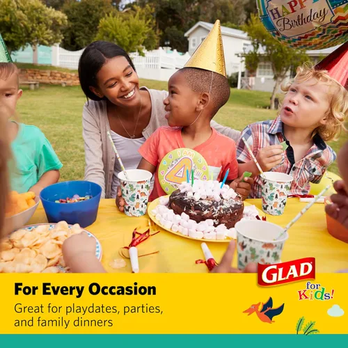 Miniatura 5 de Tazas de papel de dinosaurio para niños de Glad 20 tazas de papel blanco con diseño de dinosaurio para niños Tazas de papel desechables