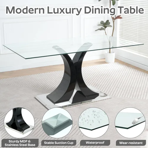 Miniatura 6 de Juego de comedor moderno de vidrio de lujo de 5 piezas, juego de cena rectangular minimalista grande para 4, juego de mesa de cocina de vidrio