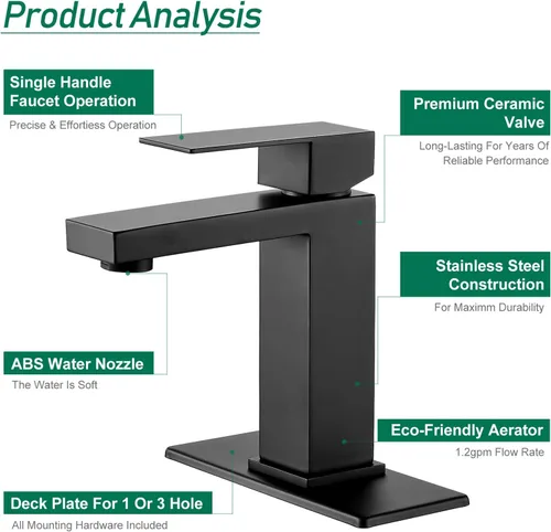 Miniatura 5 de VOTON Grifo de baño negro mate 1 agujero, grifo de tocador de acero inoxidable para fregadero de baño con placa de cubierta mangueras de suministro