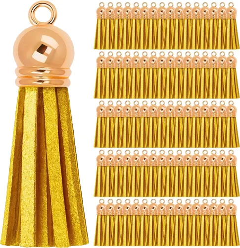 Miniatura 17 de Mandala Crafts 100 borlas de gamuza sintética color aguamarina con tapa dorada, suministros para hacer llaveros a granel, pequeñas borlas de cuero