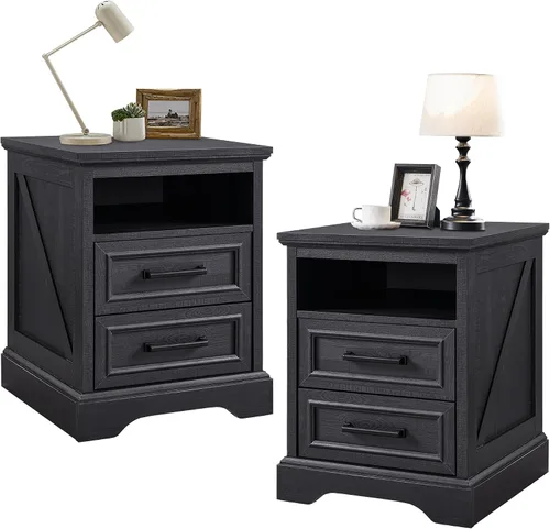 Miniatura 15 de ACCOHOHO Mesita de noche de 18" estilo granja con estación de carga, mesa auxiliar con 2 cajones de almacenamiento, mesa de cabecera, mueble