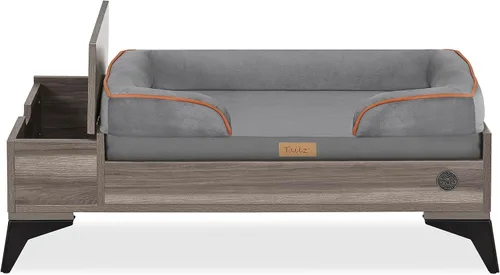 Miniatura 9 de Cama de madera para perros con colchón, elevada de pequeña a media, resistente al agua, cama para mascotas de madera con almacenamiento, certificado