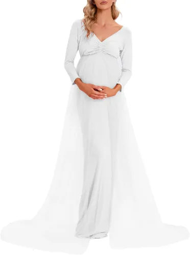 Miniatura 2 de ZIUMUDY Vestido de maternidad de tul con hombros descubiertos para sesión de fotos, vestido ajustado de manga larga para baby shower