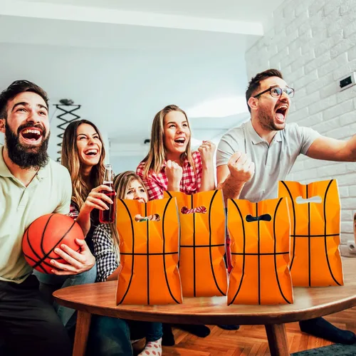 Miniatura 5 de Sinmoe 50 bolsas de regalo de baloncesto con asa, bolsas de plástico para regalos de fiesta de baloncesto, bolsa de dulces para niños y hombres
