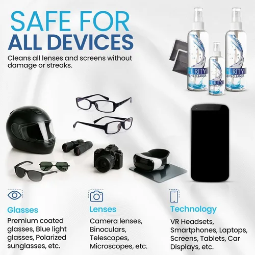Miniatura 3 de Purity - Kit de limpiador de lentes de anteojos - 2 x 8 onzas y 1 x 2 onzas botella de spray limpiador de lentes + 2 paños de limpieza de microfibra