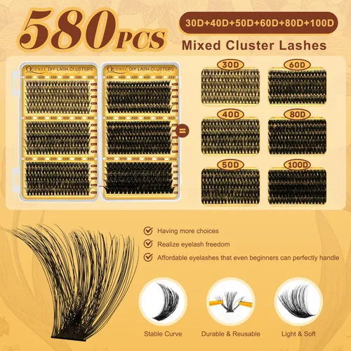 Miniatura 2 de QUEWEL 580 racimos de pestañas 30D+40D+50D+60D+80D+100D racimos de pestañas wispy de 10-18mm, pestañas individuales en racimo reutilizables