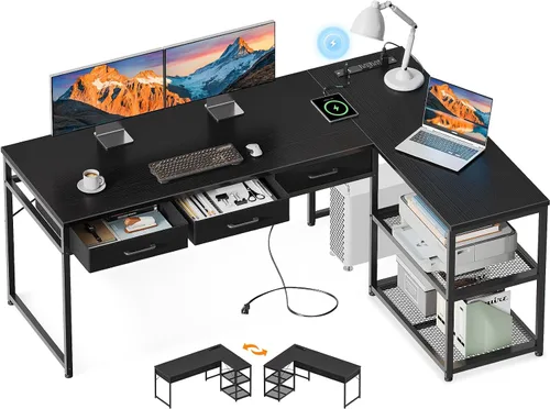 Miniatura 9 de AODK - Escritorio de computadora en forma de L de 53 pulgadas con cajones, con tomas de corriente y estantes de almacenamiento, soporte móvil