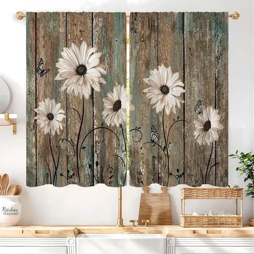 Miniatura 2 de Cortinas de cocina vintage retro de madera, con bolsillo para cortinero, 27.5 pulgadas de ancho x 39 pulgadas de largo, 2 paneles de flores blancas