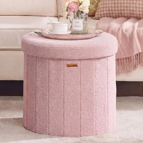 Miniatura 7 de SONGMICS Colección Mazie - Otomana de almacenamiento redonda, taburete reposapiés plegable con tapa extraíble, fácil montaje, taburete de terciopelo
