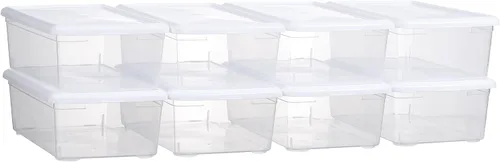 novelinks Paquete de 8 contenedores de almacenamiento de plástico transparente de 6 cuartos de galón con tapas, cajas apilables para zapatos, Blanco