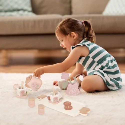 Miniatura 8 de Juego de té de madera para niñas pequeñas, juguete de juego de té con 27 piezas de accesorios de cocina de simulación, juguete de té de princesa