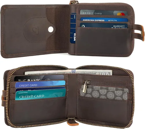 Miniatura 3 de Polare - Cartera plegable de cuero de grano completo para hombre, con bloqueo RFID, ranura para AirTag y bolsillo YKK con cremallera para monedas