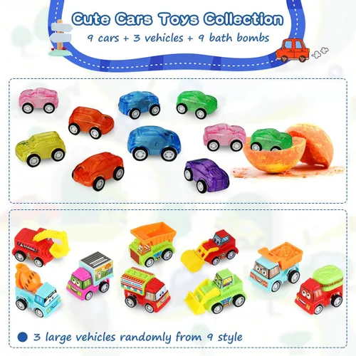 Miniatura 5 de Bombas de baño para niños con juguetes en el interior, bombas de baño para niños y niñas, juego de bombas de baño de 9 piezas incluye 9 carros
