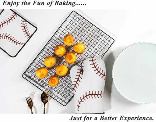 Miniatura 6 de Juego de guantes de horno y soportes para ollas de béisbol, diseño de cordones de softbol, resistentes al calor, 3 piezas para cocinar, hornear