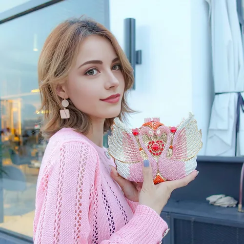 Miniatura 5 de Bolsa de noche deslumbrante con diamantes de imitación de lujo, bolso de mano de cisne para boda, fiesta de noche, baile de graduación, cóctel