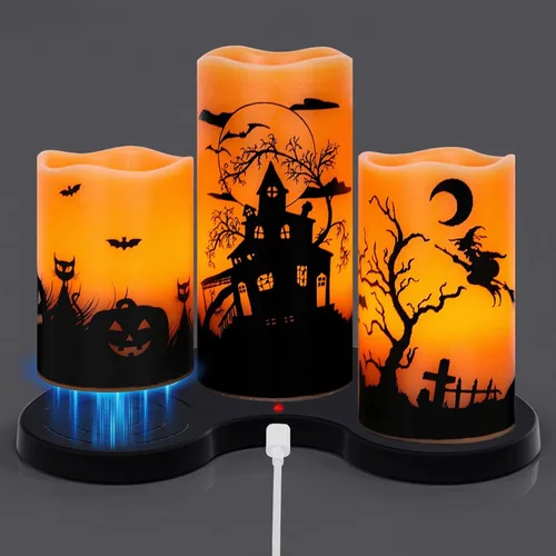 Miniatura 11 de Wondise Velas parpadeantes sin llama de Halloween con temporizador de 6 horas, velas LED de cera real que funcionan con pilas, juego de 3 velas