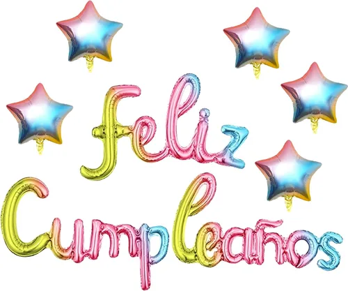 Miniatura 11 de Cartel de globos de Feliz Cumpleanos con 5 globos de estrella temática de fiesta