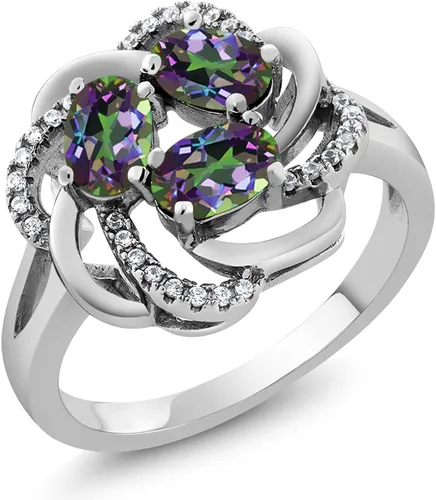 Miniatura 6 de Gem Stone King Flower Blossom Gemstone Birthstone Ring in 925 Sterling Silver 3-Stone Oval 6X4MM with Sparkling Accents Wedding Anniversary