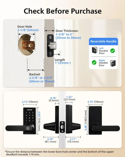 Miniatura 8 de Philips - Cerradura de puerta inteligente Wi-Fi con asa, cerradura de puerta de entrada sin llave, perilla de puerta de huellas dactilares, control