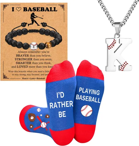 Miniatura 11 de Juego de regalos de béisbol, collar de fútbol con letras A-Z para hombres, calcetines de béisbol y pulseras de béisbol para amantes del béisbol