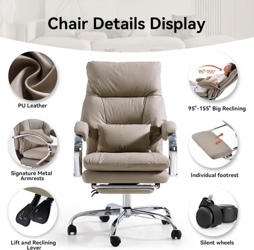 Miniatura 5 de LEAGOO Silla de oficina reclinable con reposapiés, sillas de oficina ejecutivas con brazos, ergonómicas de cuero sintético con respaldo alto, Caqui