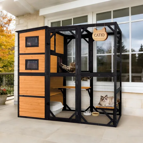 Miniatura 8 de Wooden Catio Outdoor Cat - Amplio condominio para gatos con 7 plataformas de escalada, 2 acogedoras casas de siestas, panel de ventana expandible
