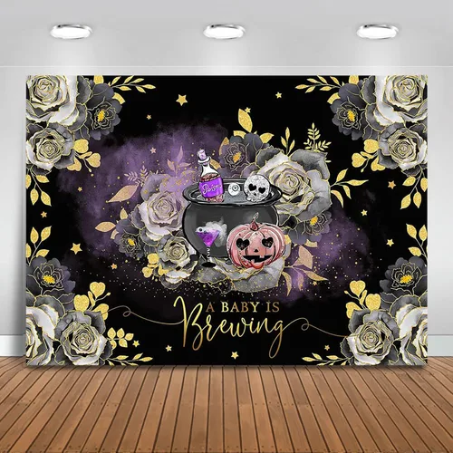 Mocsicka Telón de fondo de Halloween para baby shower con texto en inglés «A Baby is Brewing Halloween», decoración de fiesta de baby shower, telón
