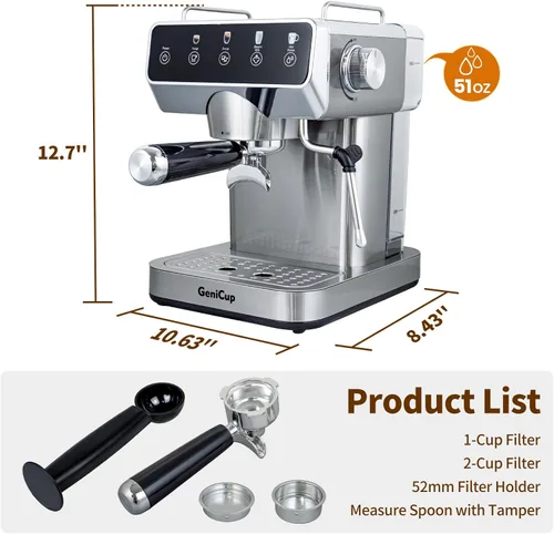 Miniatura 8 de Expresso - Cafeteras con pantalla táctil de 20 bares, máquina de espresso profesional con espumador de leche y agua caliente, cafetera de acero
