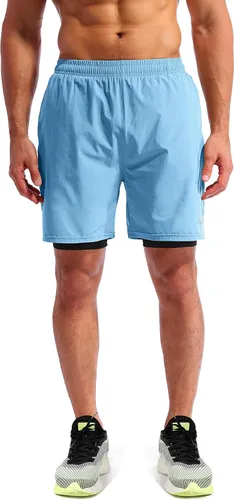 Miniatura 2 de Pudolla Mens 2 in 1 Running Shorts 7" Quick Dry Gym Athletic Workout Shorts for Men with Phone Pockets