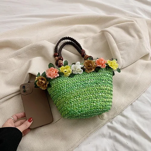 Miniatura 4 de Helenbra Bolso de mano de paja de flores para mujer, bolso de hombro con asa trenzada retro de verano, bolso de hombro bohemio para playa y viaje