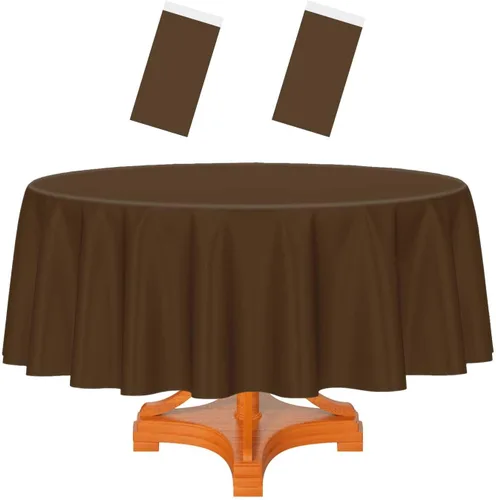 Miniatura 8 de HEIPINIUYE - Paquete de 2 manteles redondos de 84 pulgadas de plástico beige, manteles de mesa impermeables desechables para redondas, ideales