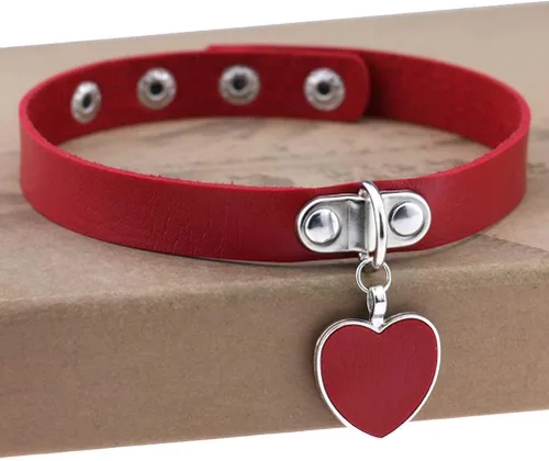 Miniatura 2 de AKOAK Moda Cool Rock Estilo Steampunk Punk Goth Corazón Colgante Enlace PU Collar Gargantilla Collar (Rojo), Cuero Metal