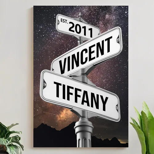 Miniatura 13 de Mapileng Lienzo personalizado de Crossroads Street Sign para parejas, nombres personalizados y fecha, arte de pared vintage, regalo del día de San